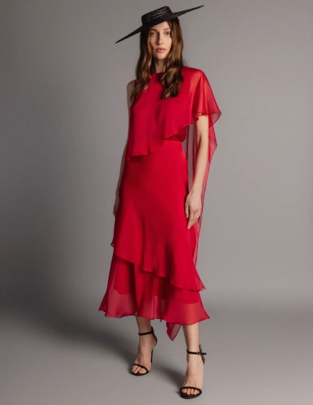 Red chiffon guest top with asymmetrical neckline