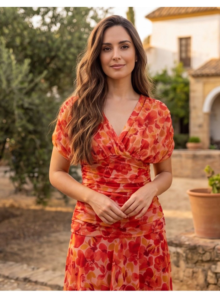 Robe d'invité midi imprimée orange avec une...