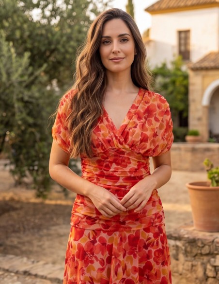 Robe d'invité midi imprimée orange avec une jupe flottante