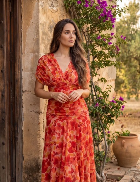 Robe d'invité midi imprimée orange avec une jupe flottante