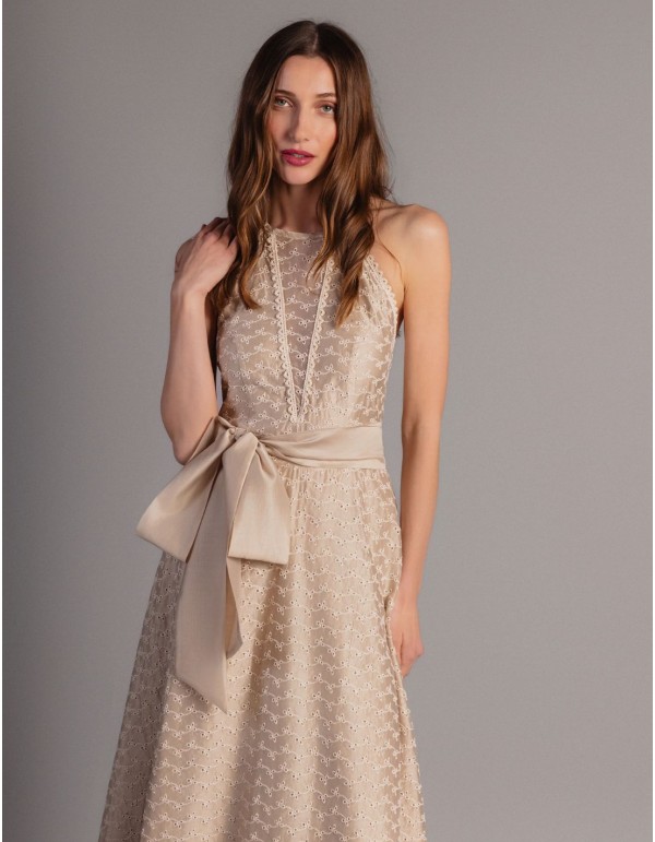 Midi dress in beige tencel with bow detail 2