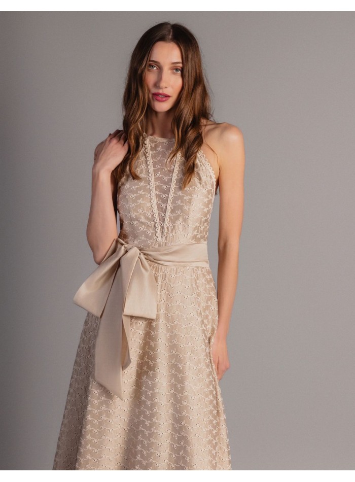 Midi dress in beige tencel with bow detail
