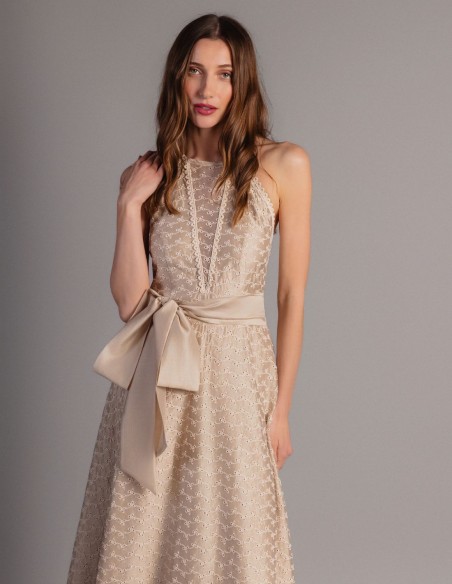 Midi dress in beige tencel with bow detail