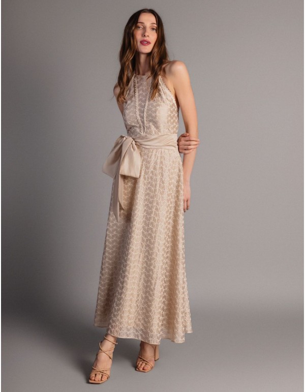 Midi dress in beige tencel with bow detail