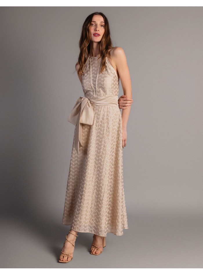 Robe midi en tencel beige avec noeud