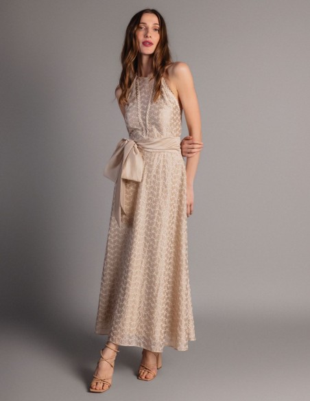 Robe midi en tencel beige avec noeud