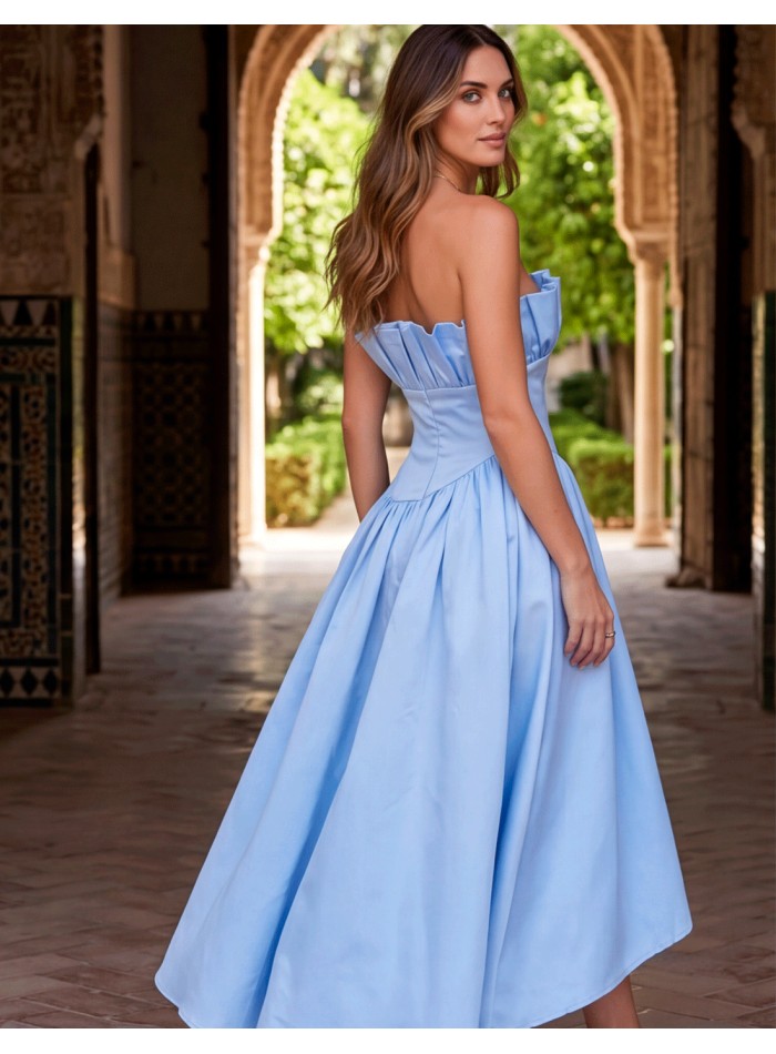 Sky blue strapless dress with asymmetrical skirt for guests
