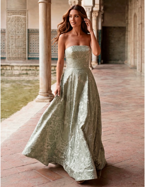 Aqua green jacquard strapless floor length dress for guests