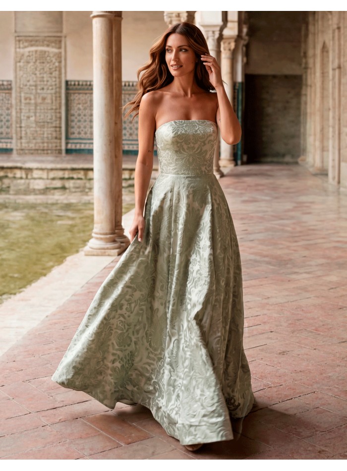 Aqua green jacquard strapless floor length dress for guests