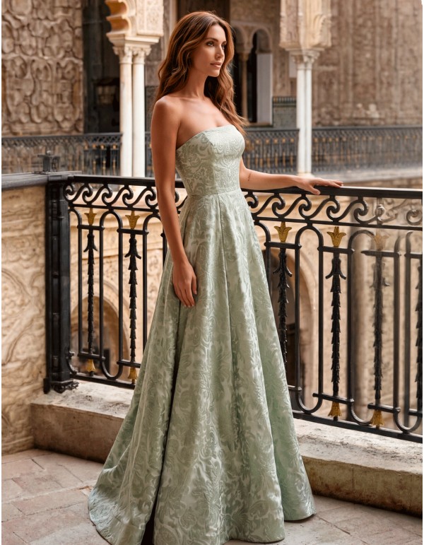 Vestido largo palabra de honor verde agua jacquard para invitada 2