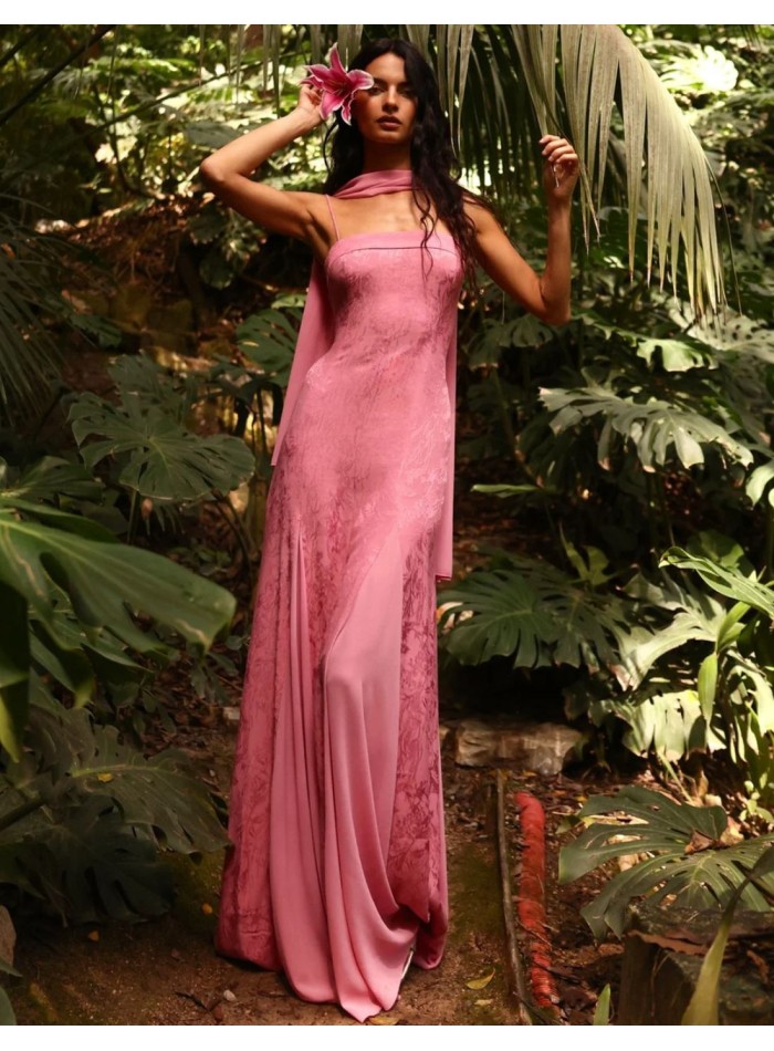 Long pink chiffon dress with embossed chiffon...