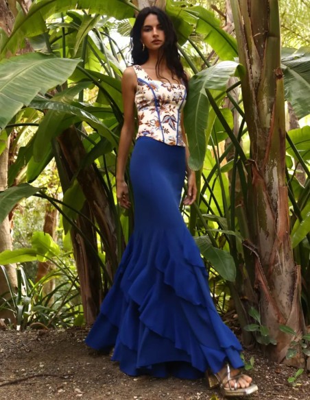 Long blue chiffon skirt with asymmetrical ruffled trimming