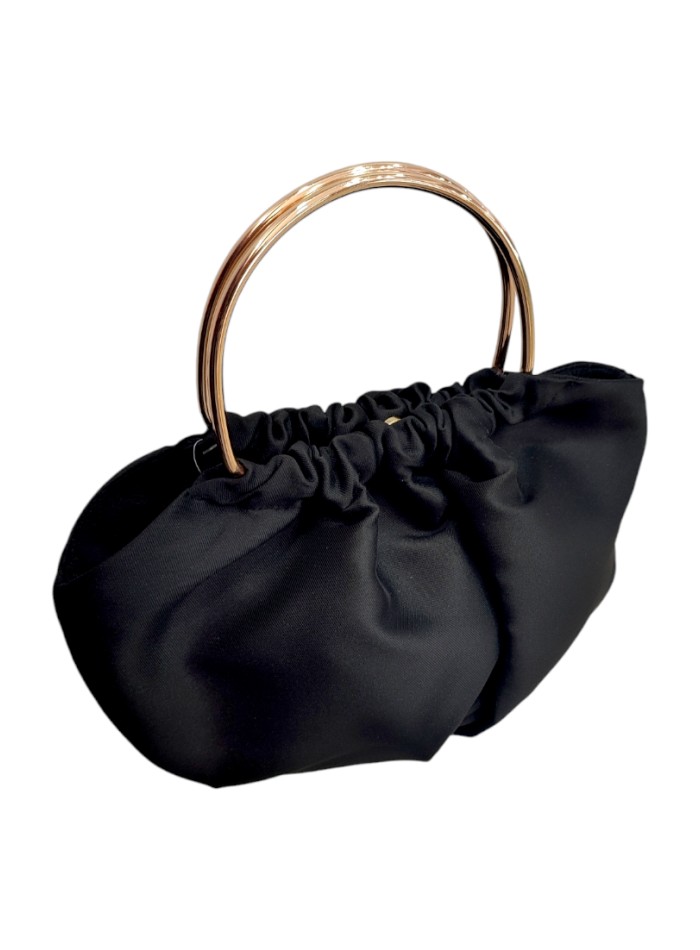 Black satin clutch bag with circular handles