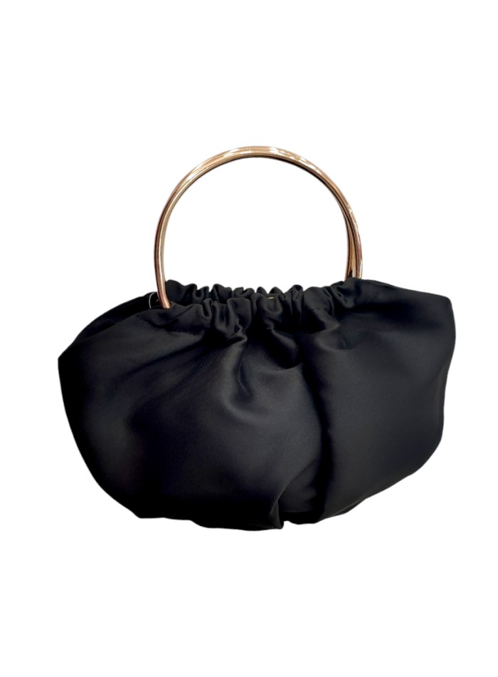 Black satin clutch bag with circular handles