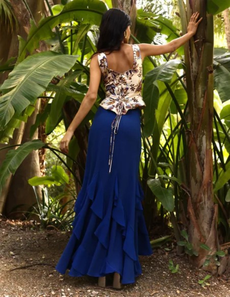 Top bleu à imprimé floral et coupe corsetée