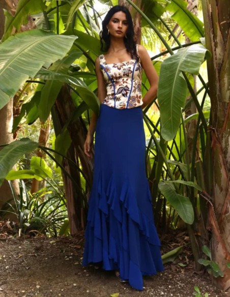 Blue top with floral print and corseted fit