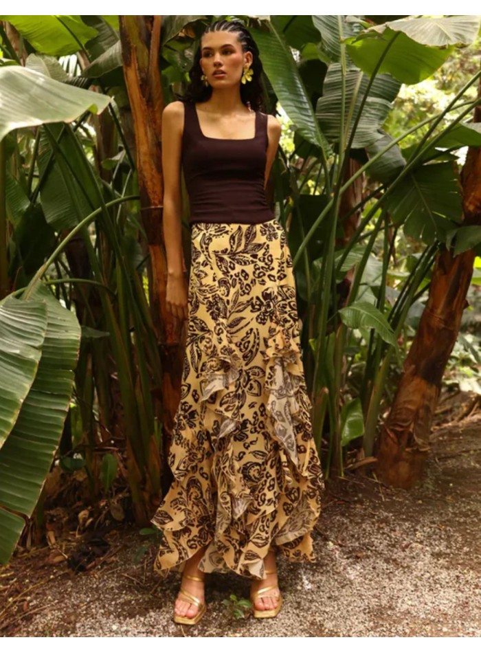 Falda midi amarillo pastel con estampado floral y juego de volantes