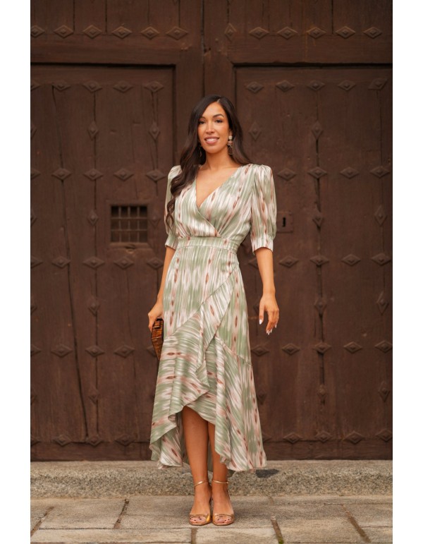 Vestido midi para invitada con escote cruzado y estampado en tonos pastel