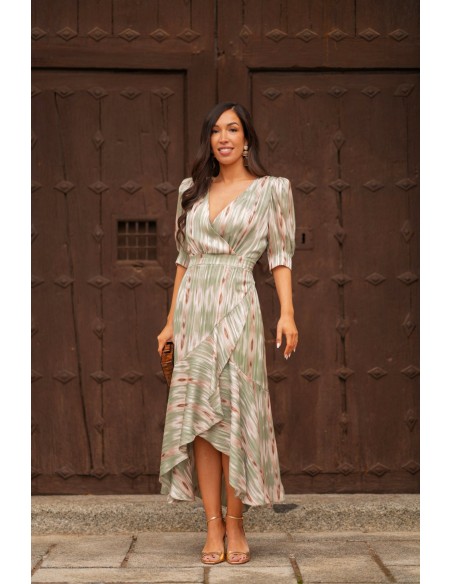 Robe midi pour invitée, avec décolleté croisé et imprimé aux tons pastel
