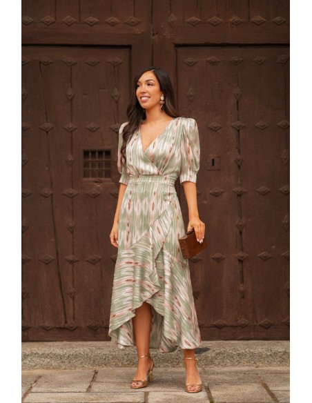Robe midi pour invitée, avec décolleté croisé et imprimé aux tons pastel