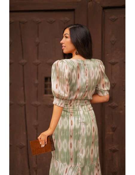 Robe midi pour invitée, avec décolleté croisé et imprimé aux tons pastel