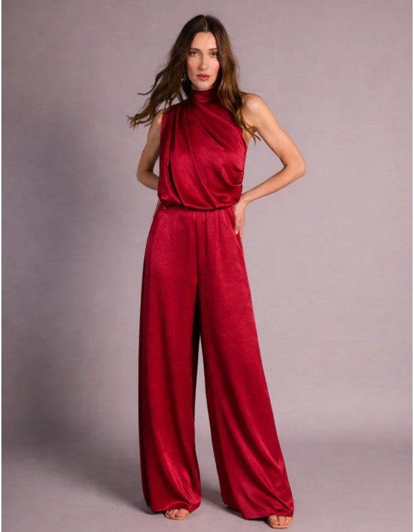 Ruby satin jumpsuit with wide legs and draped bodice