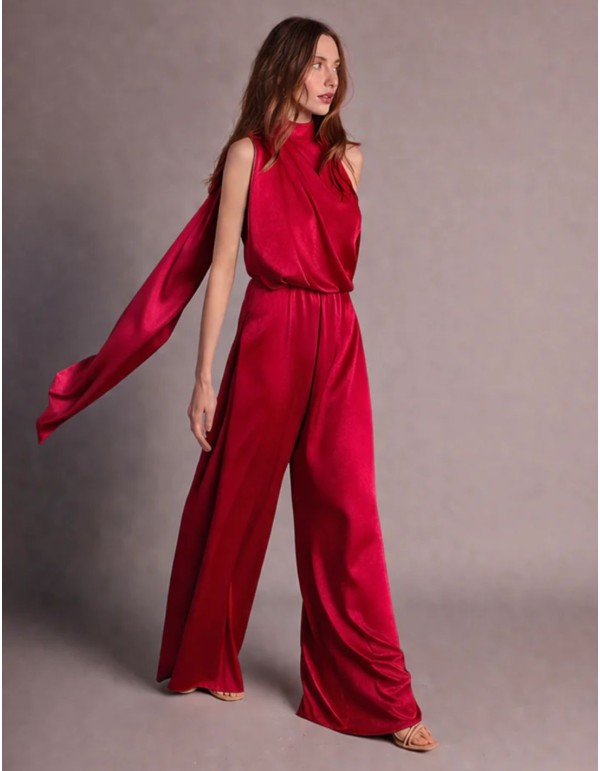 Ruby satin jumpsuit with wide legs and draped bodice 2
