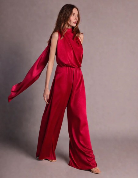 Ruby satin jumpsuit with wide legs and draped bodice