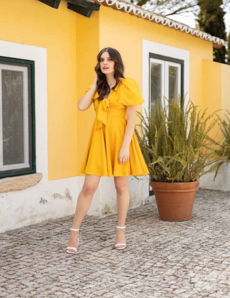 yellow party mini dress short puffed sleeves