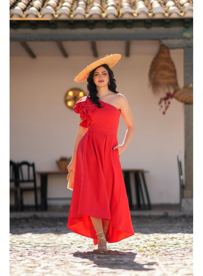 Red midi dress with a pleated, wrap-style skirt