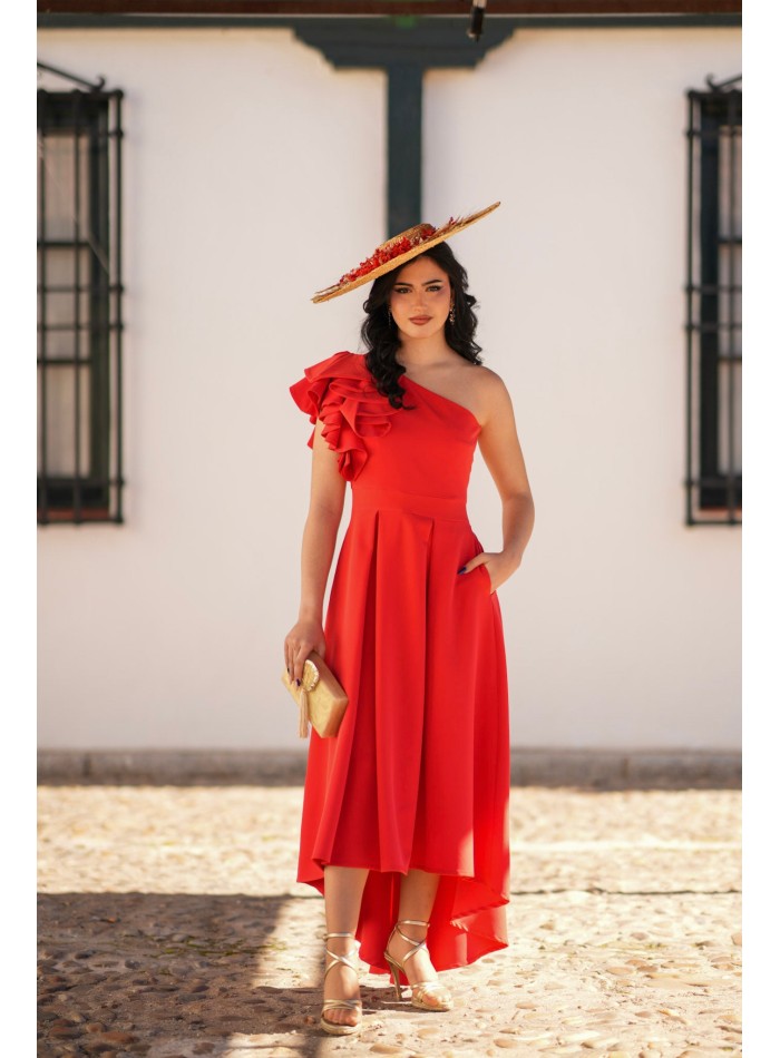 Red midi dress with a pleated, wrap-style skirt