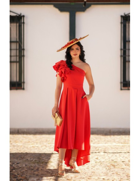 Red midi dress with a pleated, wrap-style skirt
