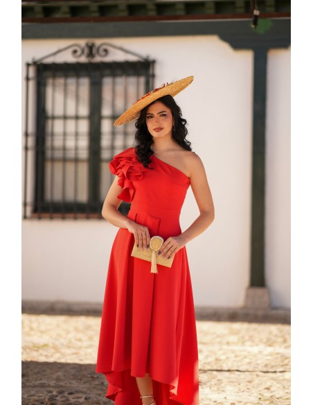 Robe midi rouge avec jupe cape à pinces