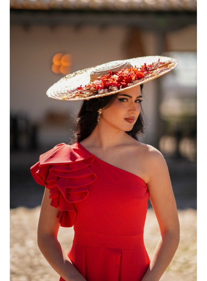 Vestido midi color rojo con falda capa con pinzas para eventos