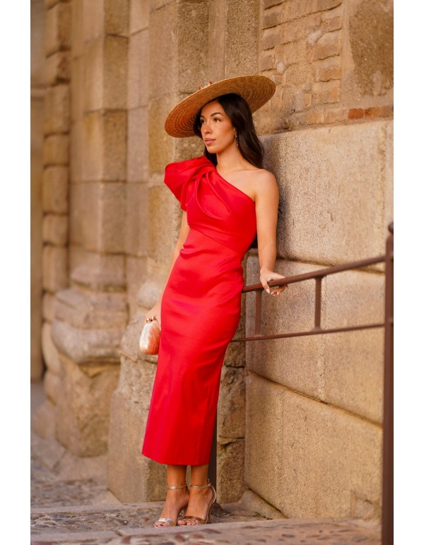 Robe midi à encolure asymétrique et épaules bouffantes