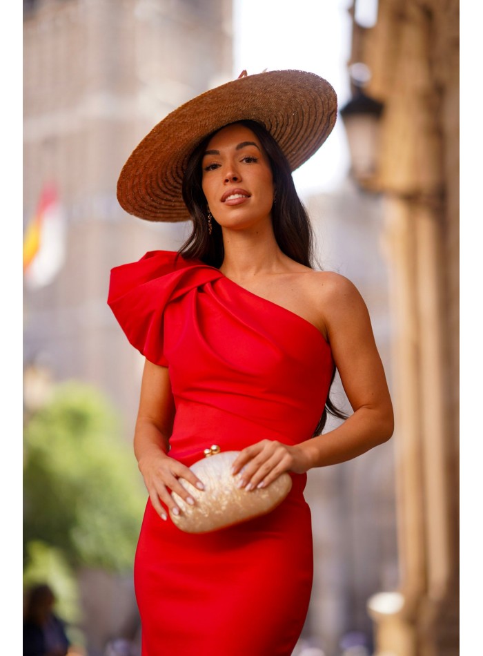 Midi dress with an asymmetrical neckline and...