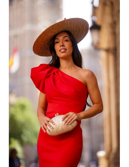Midi dress with an asymmetrical neckline and puffed sleeves