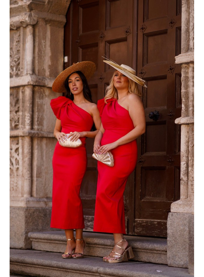 Midi dress with an asymmetrical neckline and...