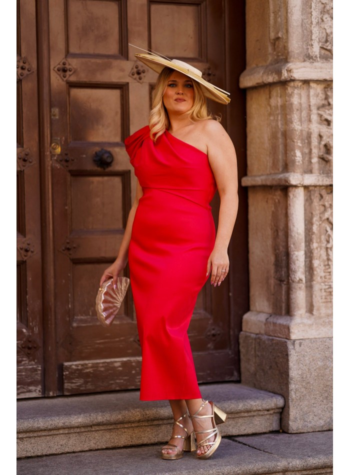Midi dress with an asymmetrical neckline and...