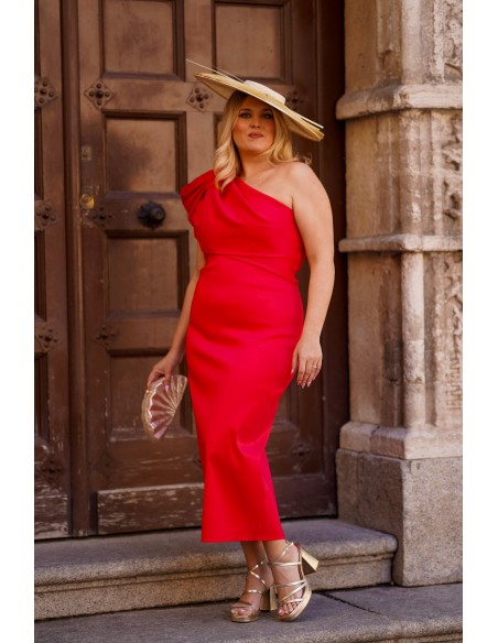 Vestido midi en color rojo con escote asimétrico y hombro abullonado de fiesta