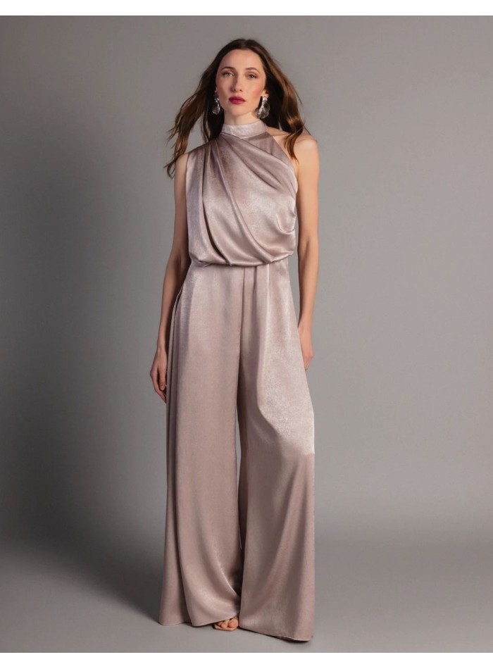 Mink colored satin jumpsuit with wide leg and...