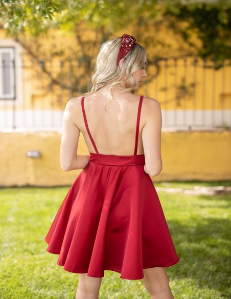 short red party dress with back straps open back