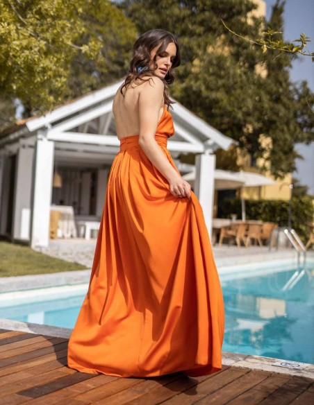 long orange party dress opening back model