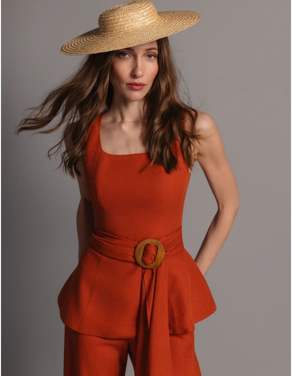 Top peplum de lino en color teja con cinturón 2