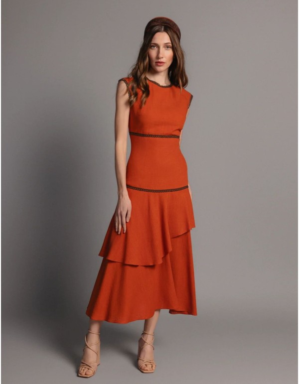 Terracotta-colored linen midi dress with a yoke cut and...