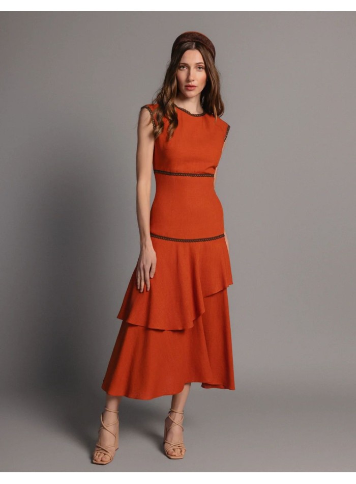 Vestido midi de lino teja con corte canesú y...