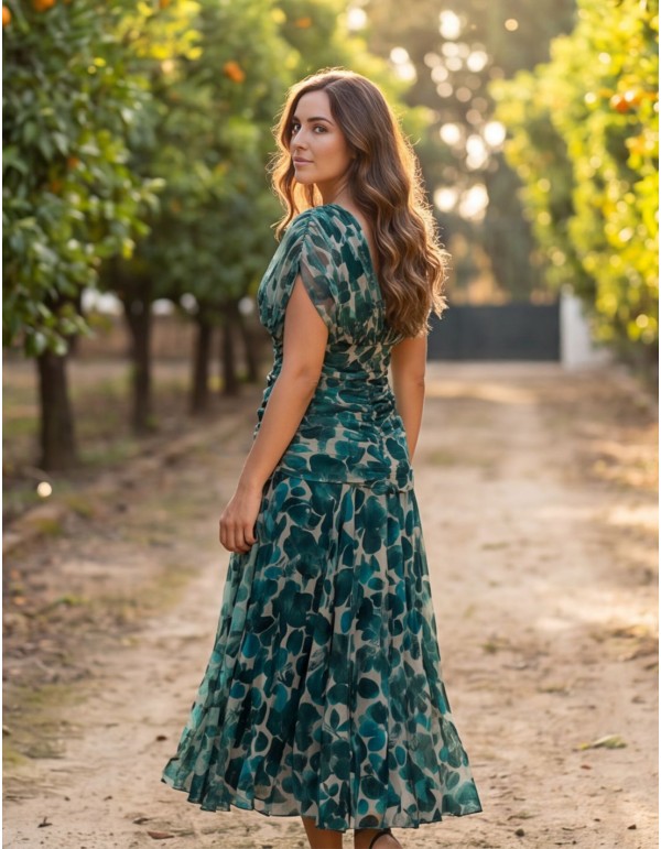 Green and blue printed midi dress for a wedding guest