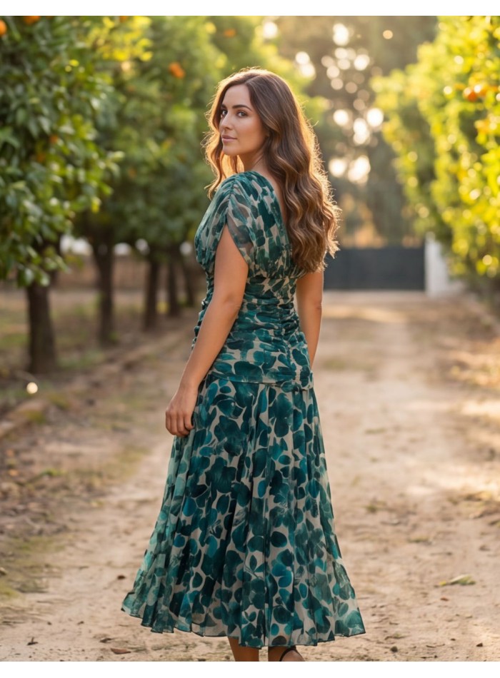 Robe midi à motifs verts et bleus pour une invitée