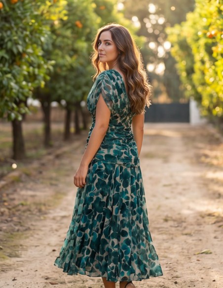Vestido midi estampado verde y azul para invitada
