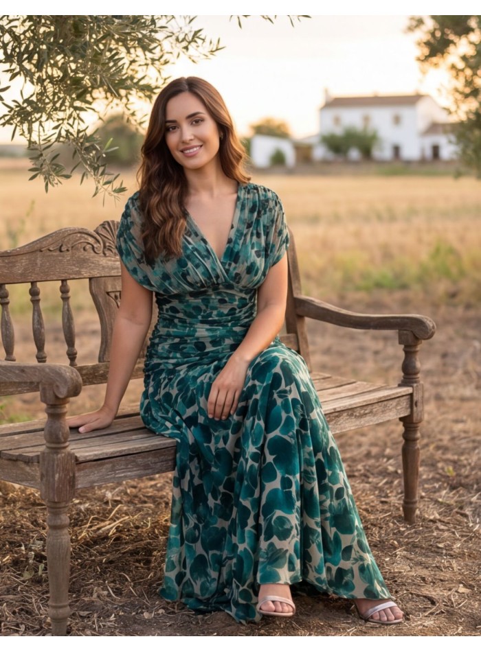 Robe midi à motifs verts et bleus pour une invitée